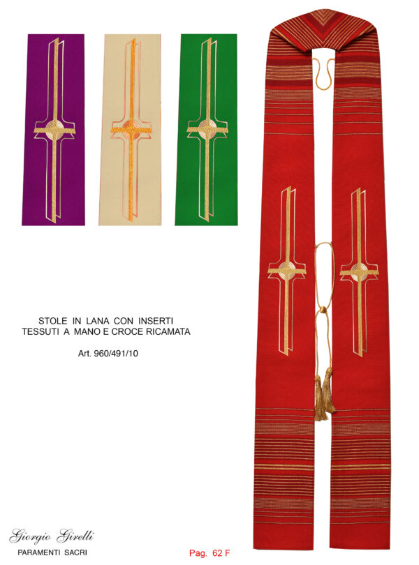 Stole in lana con inserti tessuti a mano e croce ricamata Art. 960/491/10